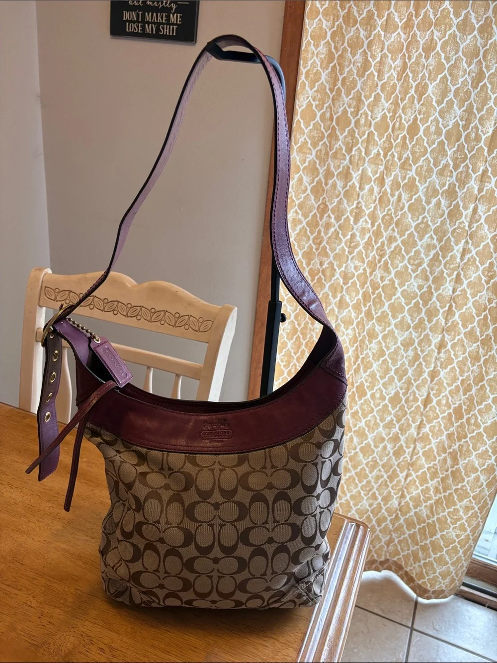 Coach Sophie Bleecker Monogram Hobo Bag with Purple Trim and Tan Canvas